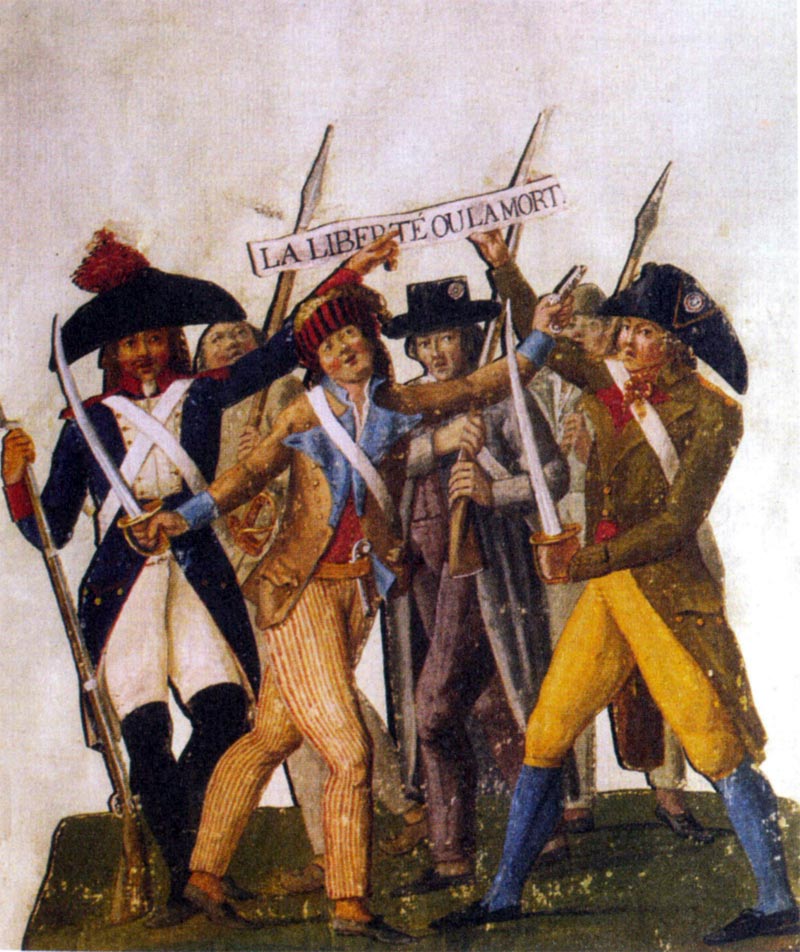 Departure of volunteers fro the front, 1792. Banner says: "Liberty of Death", Gouache by the Lesueur brothers