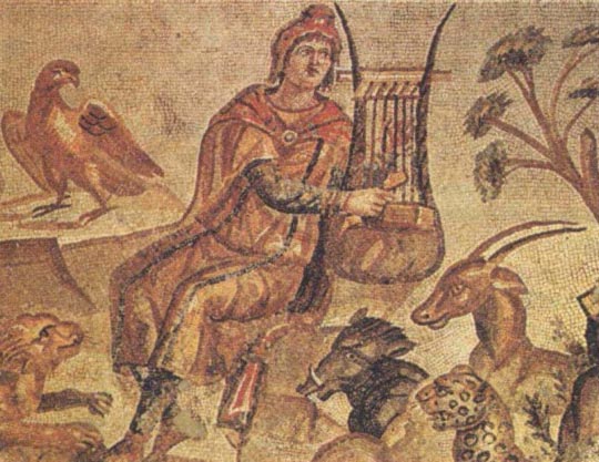 Orpheus playing the lyre surrounded by wild beasts