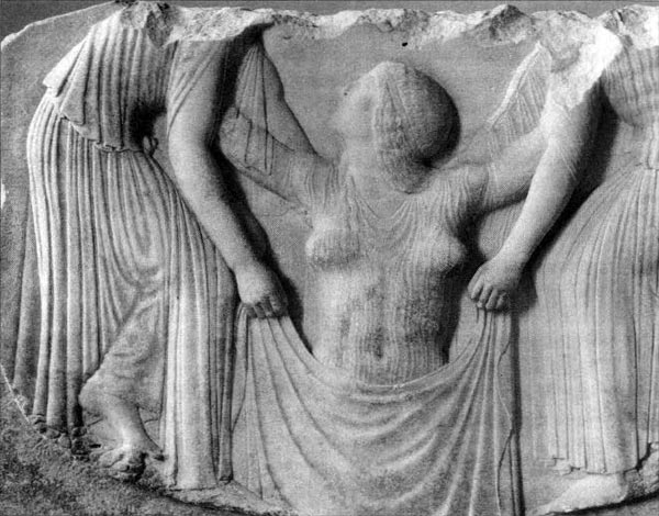 Left: Apollo and the Muses. Apollo plays on the lyre while the Muses dance. Attic vase. Top right: Aphrodite, Greek goddess of love, beauty and fertility. She is supposed to have been washed up on the shore by the waves. (relief c. 470 BC) .