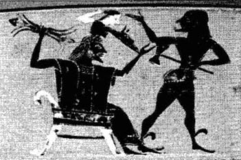 Hephaestus is shown here splitting Zeus's skull open. Athena springs forth fully anned.