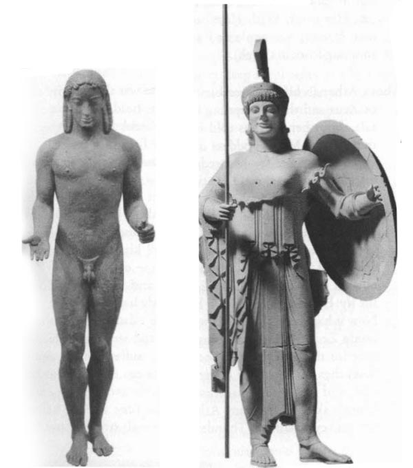 Left: Apollo (bronze, 500 BC). This staute portrays the god in the act of receiving an offering.  Right: Athena in war attire (temple of Athena Aphaiia on Aegina (510- 500 BC). 