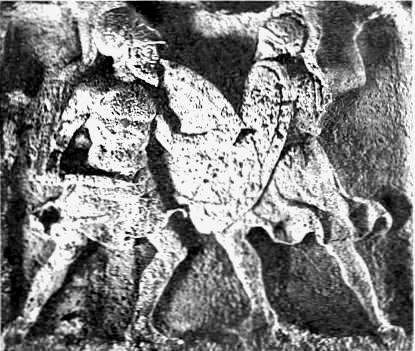 Two warriors in man-to-man combat ( Sandstone frieze c.400 BC )