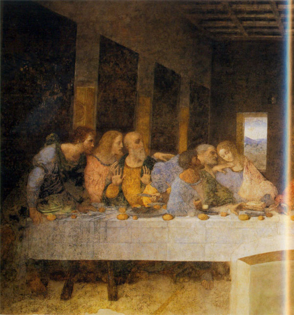 The Last Supper. The traitor Judas, the fourth from left, with his right hand clutches the pouch containing the money he has been paid to betray Christ.