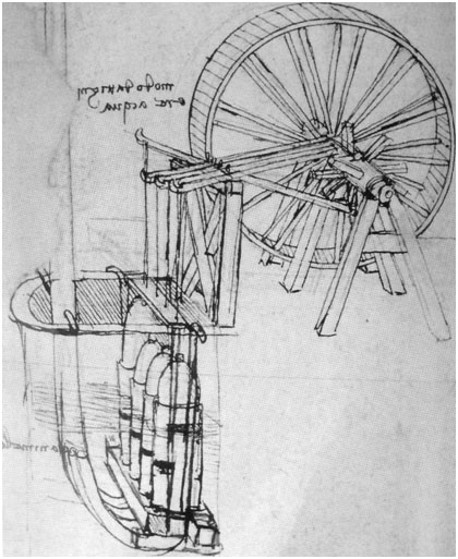 Study of a hydraulic device.  Leonardo's applied mechanics, perhaps more than any other of his scien-  tific or technical pursuits, strike sparks of recognition and admiration in  the machine-conscious 21th Century mind.