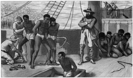 Slaves being taken on a boat for trade