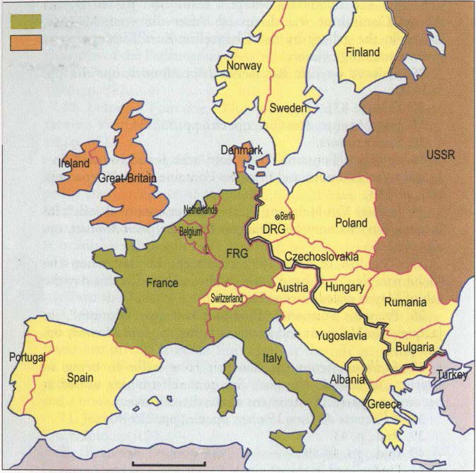 Map of Europe at the time of the Cold War. Germany is divided between the FRG (Federal Republic of Germany) and DRG (the Democratic Republic of Germany)