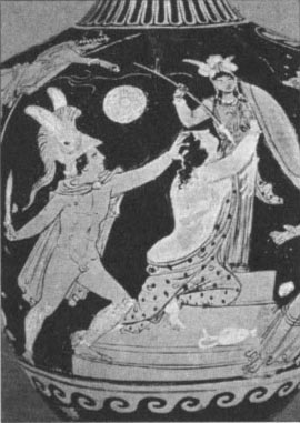 Cassandra, being slayed by Ajax in Athena's temple. Apollo is seen behind.