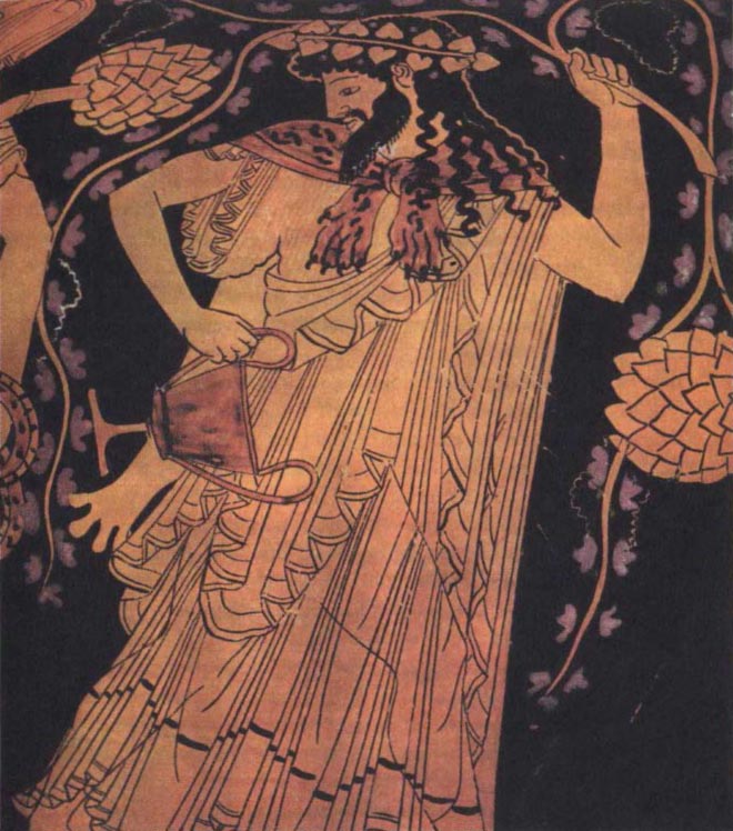  The god Dionysus, represented here with some of his symbols, the ivy crown,  the panther-skin cloak, the grapevine and the drinking cup