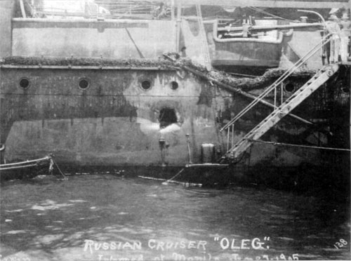 Russian protected cruiser Oleg, showing battle damage after the Battle of Tsushima where the Russian fleet was annihilated by the Japanese