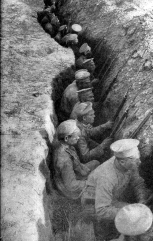 Russian troops in trenches during World War I, facing Germans