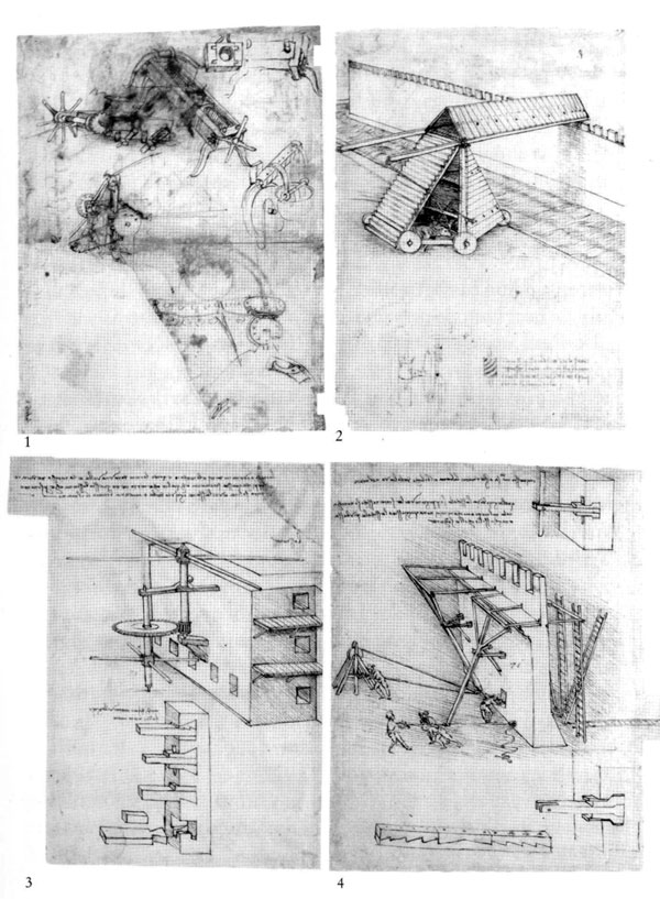 1. Mechanism for drawing Crossbows- 2. Design for a Siege Machine with Covered Bridge- 3. Machine to prevent Fortress Walls being Scaled- 4. Mechanism for repulsing Scaling Ladders.