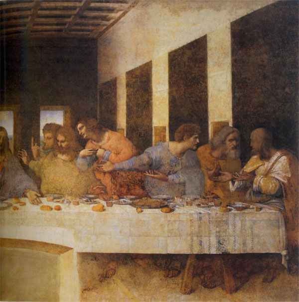 The Last Supper. The traitor Judas, the fourth from left, with his right hand clutches the pouch containing the money he has been paid to betray Christ.