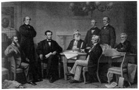 The first reading of the Emancipation Proclamation in 1862 before the cabinet (painted by F.B. Carpenter)