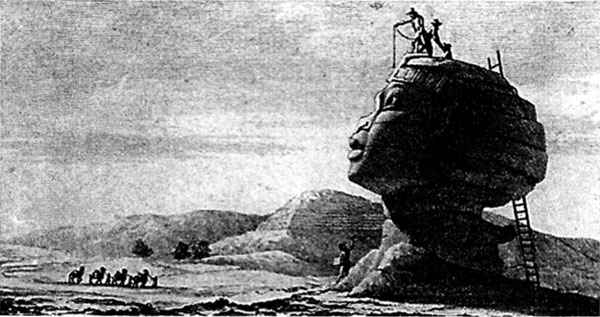 Vivant Denon, archeologist and artist, was one of the 175 scholars who accompanied Napoleon on his campaign. Vivant Denon made numerous sketches of ancient Egyptian monuments. Here he is seen climbing on the Sphinx to take its measurements.