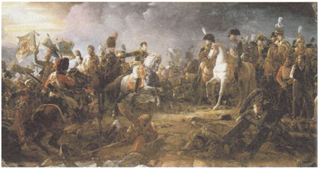 And a victory less than two months later (December 2): the battle  of Austerlitz, also called the Battle of the Three Emperors, in which  Napoleon defeated a Russo-Austrian army. In this painting by Gerard, we  see the General Rapp bringing to Napoleon the flags and cannons taken  from the enemy as well as a Russian prince with Russian prisoners.