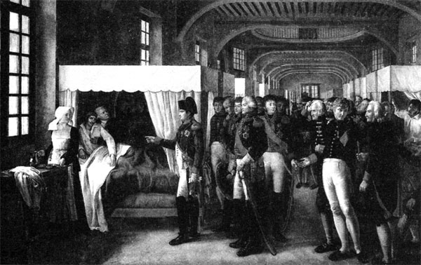 Napoleon, accompanied by generals and doctors, visits the great military  hospital "Les Invalides" in Paris