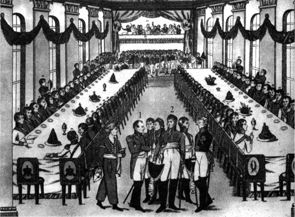 Congress of Erfurt, September 1808. Napoleon (1) and Alexander (2) in the midst of the Court of Kings
