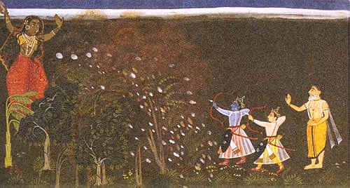  In the dark forest, Rama kills Tadaka the demoness  on Vishwamitra's command (Mewar ) 