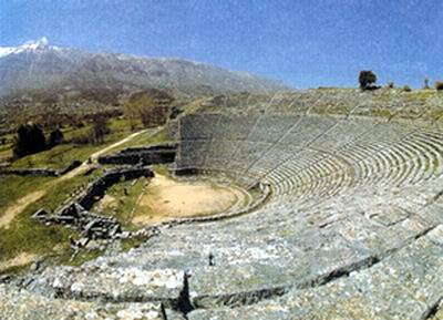 The theatre at Dodona and the mountains of Epirus in the back-ground. In Dodona, Zeus' oracle spoke through the rustling leaves of an age-old sacred oak tree.