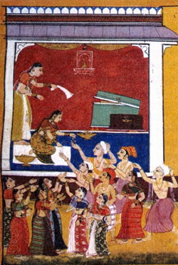  p-48a.jpg 	       Top: Sita giving away possessions  Bottom : Ram distributing away his wealth (Mewar )